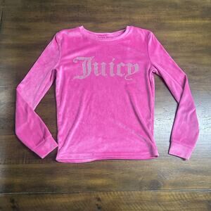 Juicy Couture Girls Velour Rhinestone Logo Long Sleeve Top Pink Size 10 Y2K
